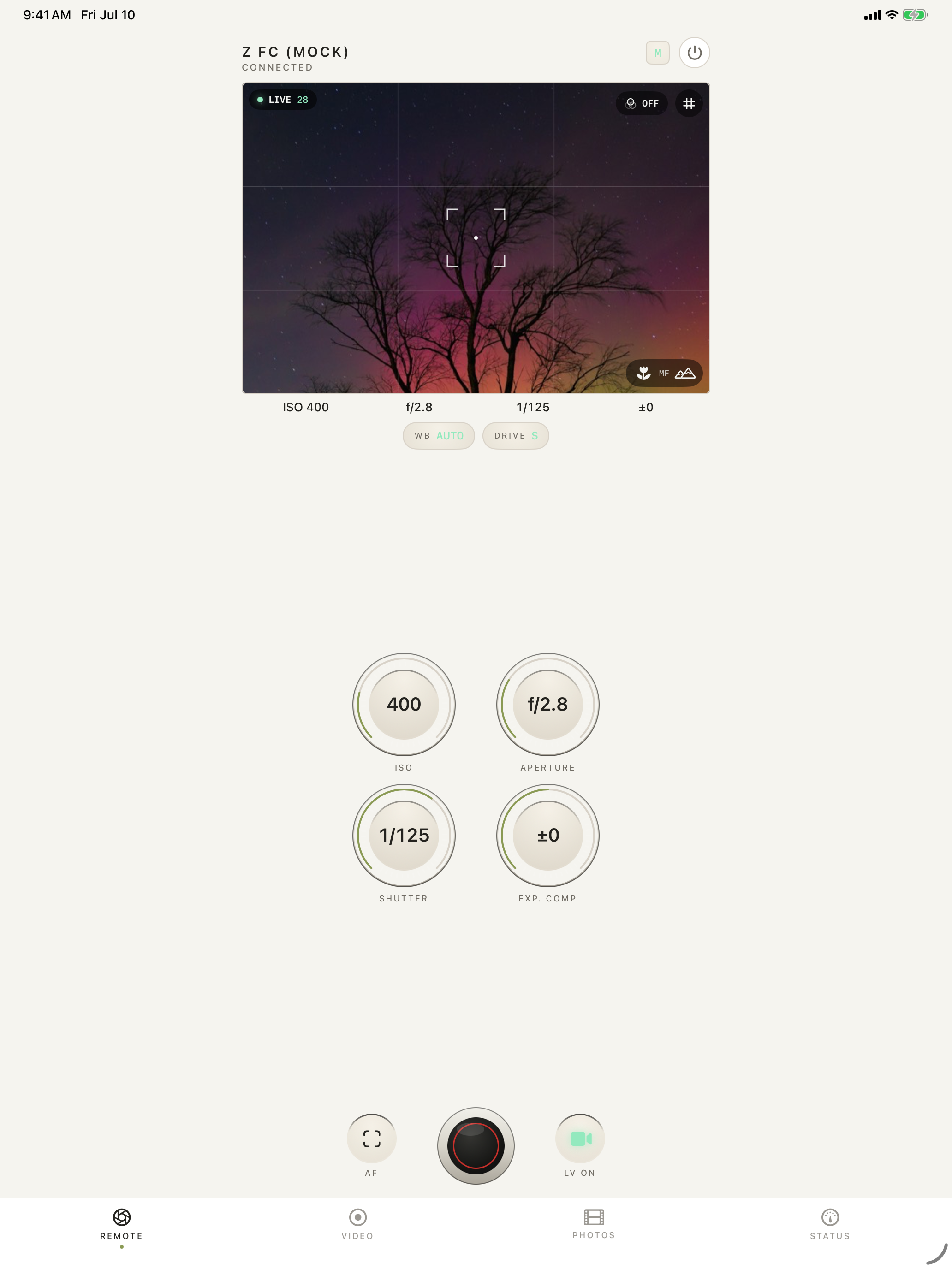 Live-view remote with tactile exposure controls · iPad