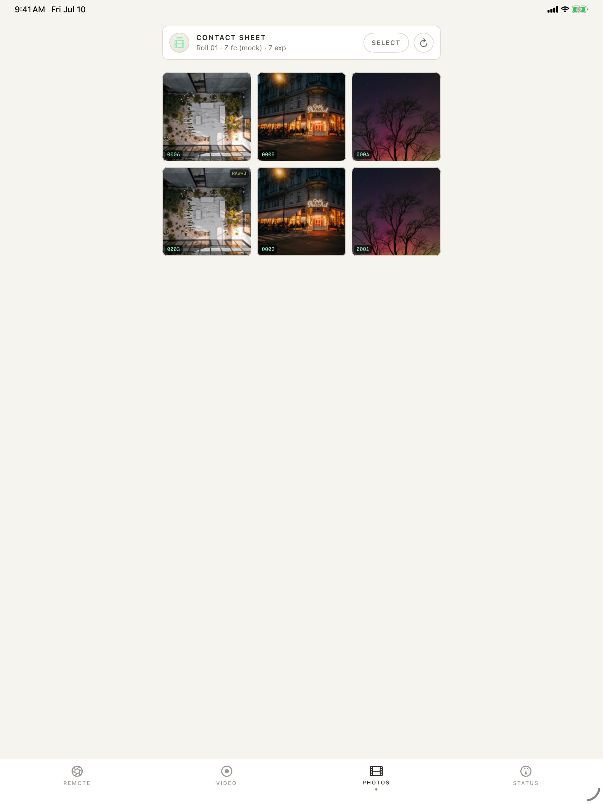 Camera-card contact sheet with selectable photos · iPad