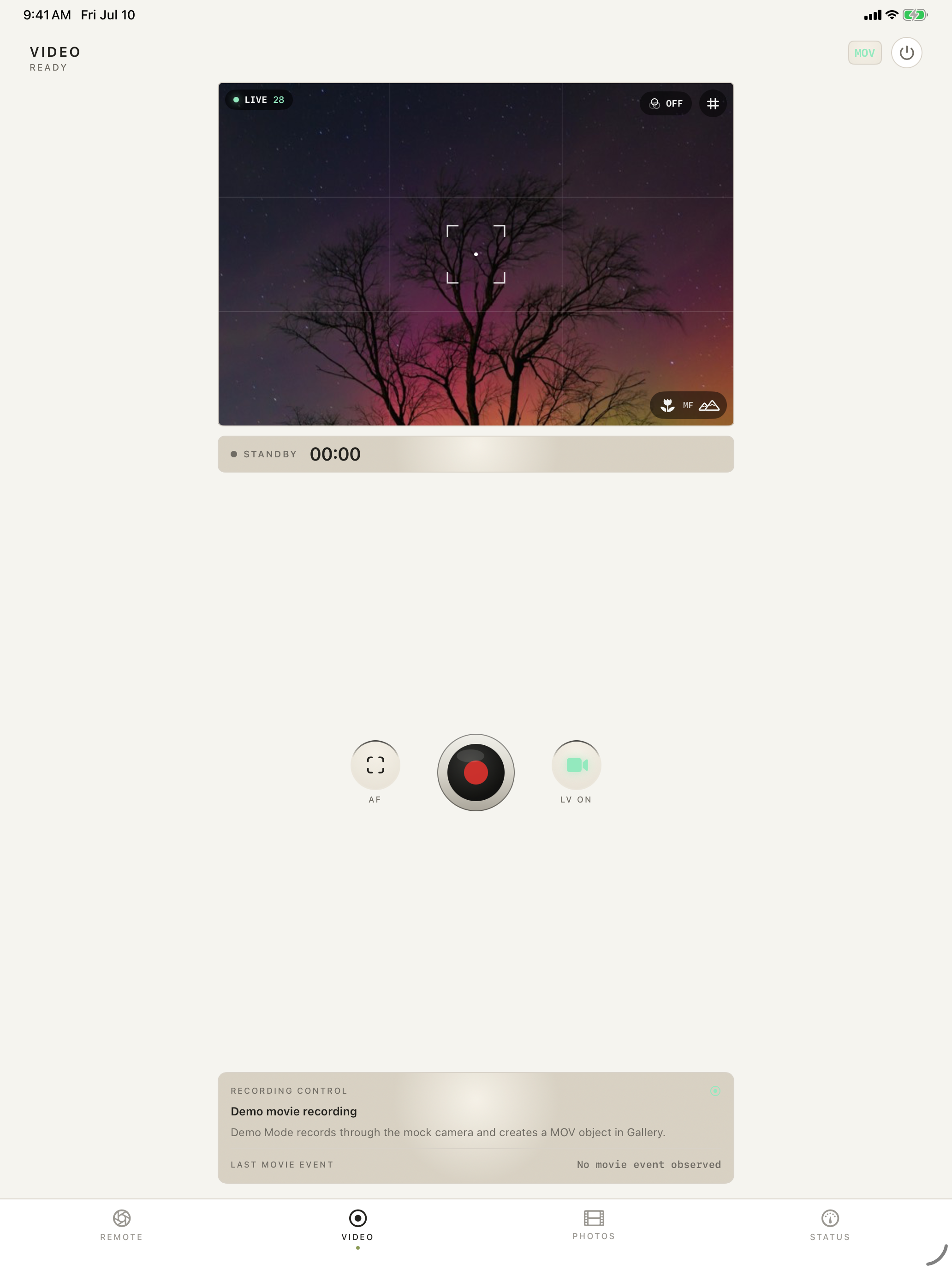 Video viewfinder with recording controls · iPad