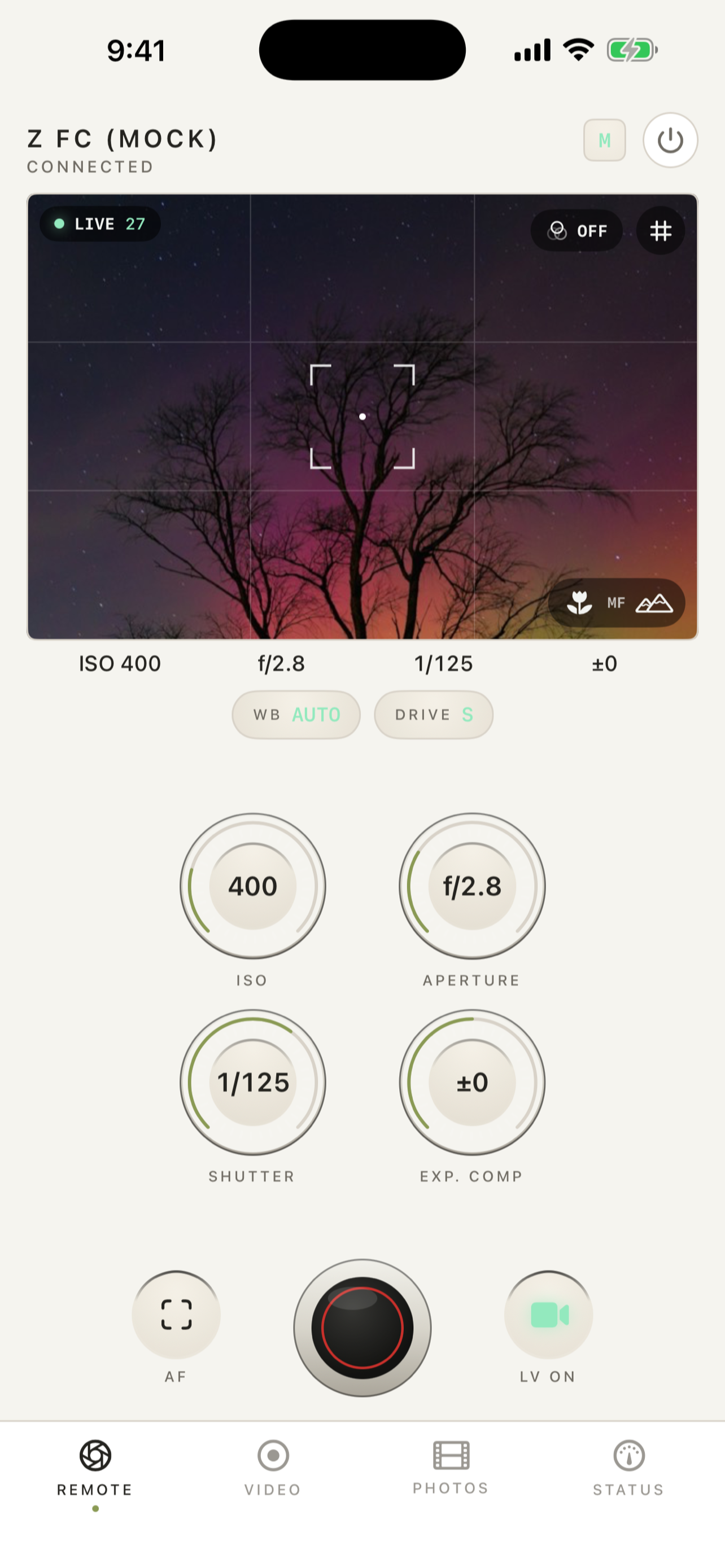 Live-view remote with tactile exposure controls · iPhone