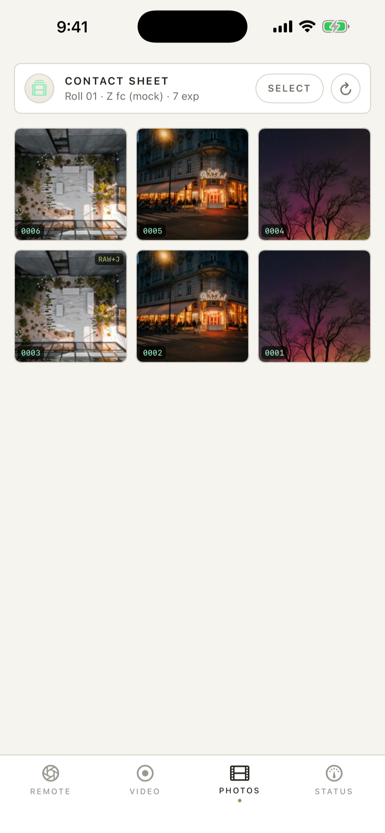 Camera-card contact sheet with selectable photos · iPhone