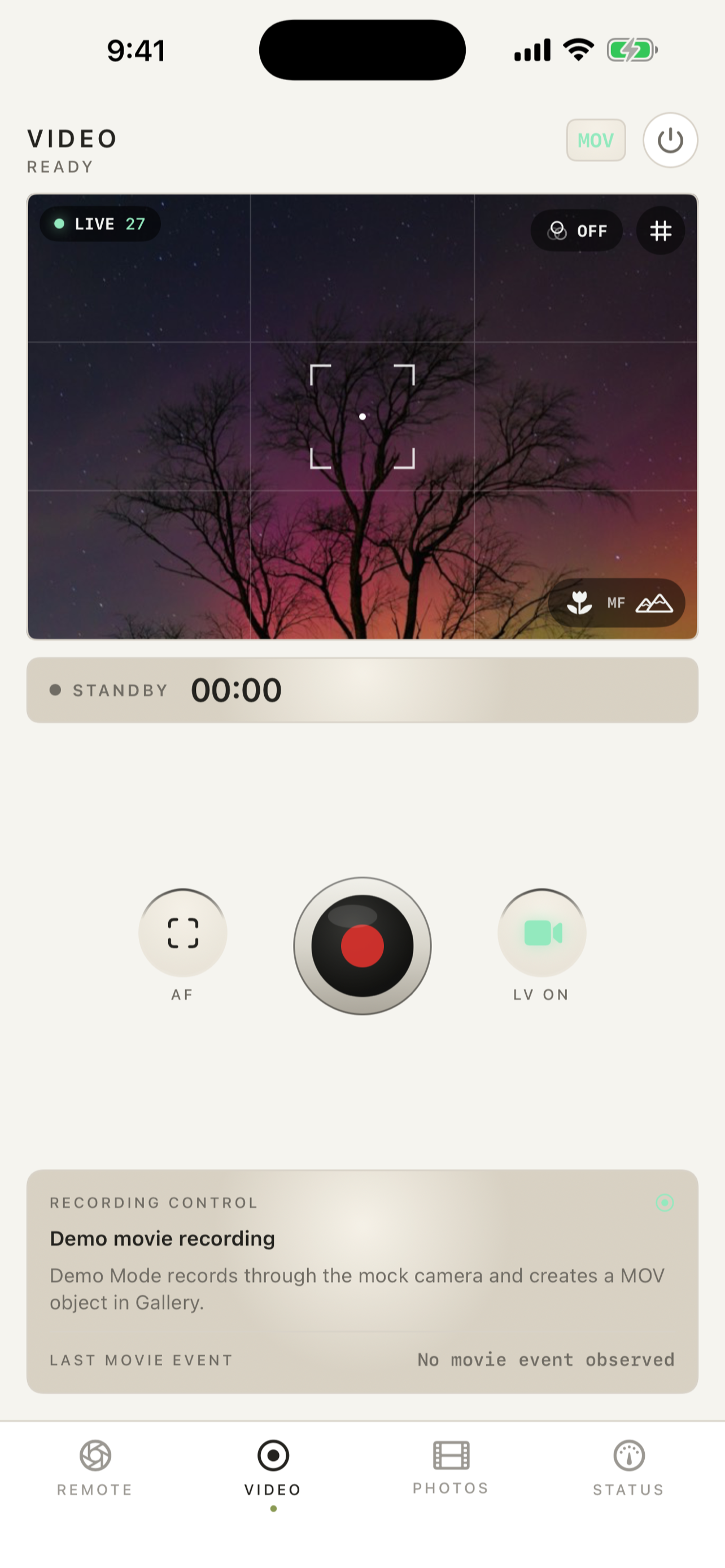 Video viewfinder with recording controls · iPhone