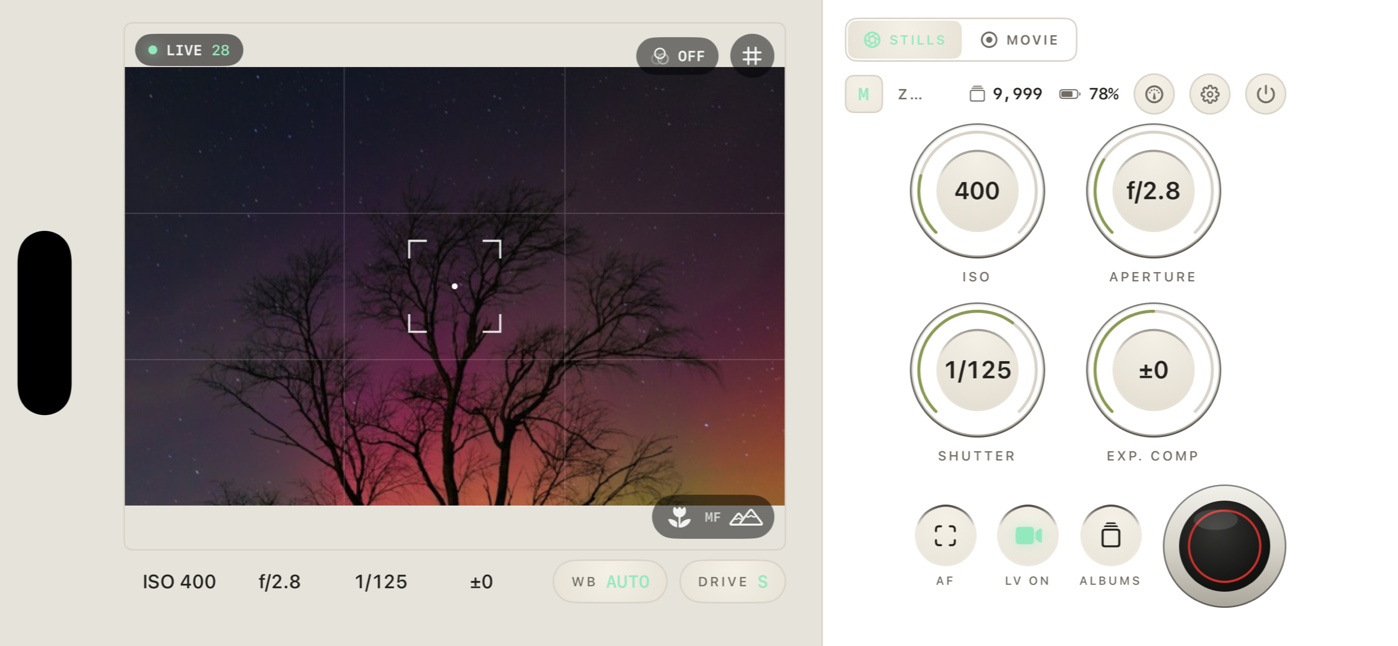 Landscape shooting deck with viewfinder and exposure dials · iPhone